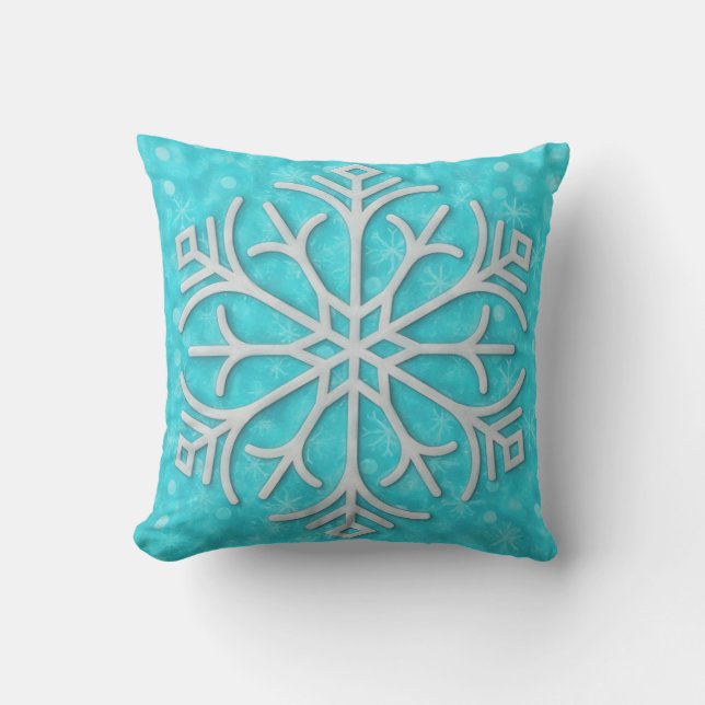 Coussin Aqua Blue Snowflake Art Winter Holiday Pillow (Recto)