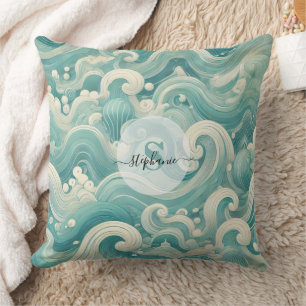 Coussin Aqua Blue & White Wave Abstraite - Art moderne Flu