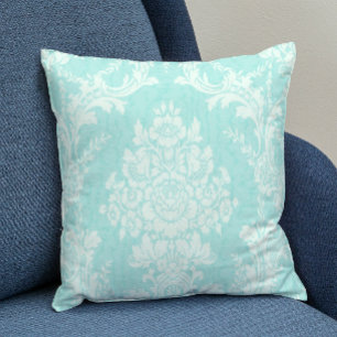 Coussin Aqua et damas à fleurs blanches