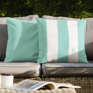 Coussin Aqua Green & White Stripes Monogramme Nom extérieu