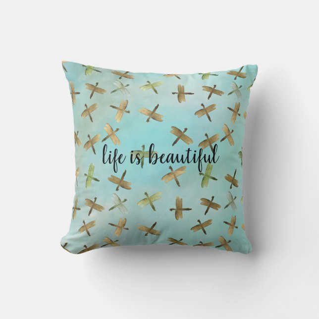 Coussin Aqua Mint Gold Dragonflies Aquarelle personnalisée (Recto)