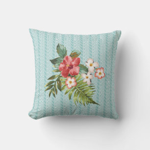 Coussin Aqua/motif de ressac floral tropical de corail