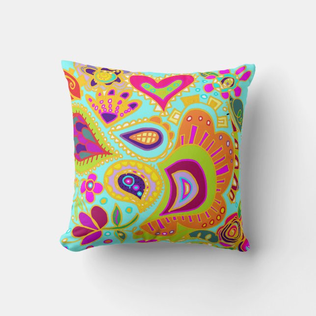 Coussin Aqua/orange bilatéraux fous de carreau de Paisley (Recto)