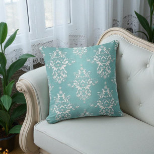 Coussin Aqua Sarcelle Turquoise et Damassé Floral Blanc