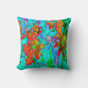 Coussin Aqua Tropical avec Fleurs Jaunes et Orange