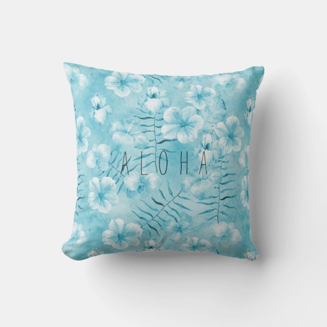 Coussin Aqua tropical Orchidées blanches Hibiscus Floral (Recto)
