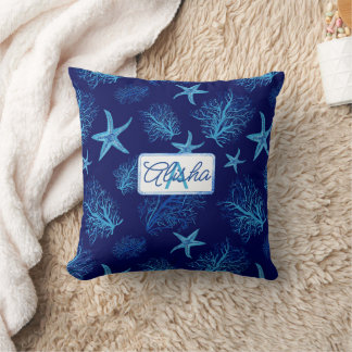 Coussin Aqua-turquoise bleu étoile-corail-nom monogramme p