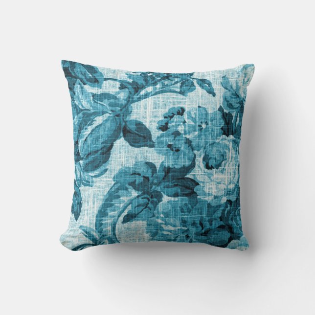 Coussin Aqua Turquoise Turquoise Bleu Toile Florale Tissu  (Recto)