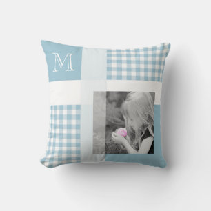 Coussin Aquamarine Ajouter Votre Photo En vichy Monogramme