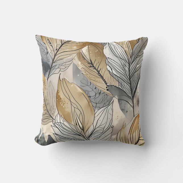 Coussin aquarelle à feuilles organiques, gris or (Recto)
