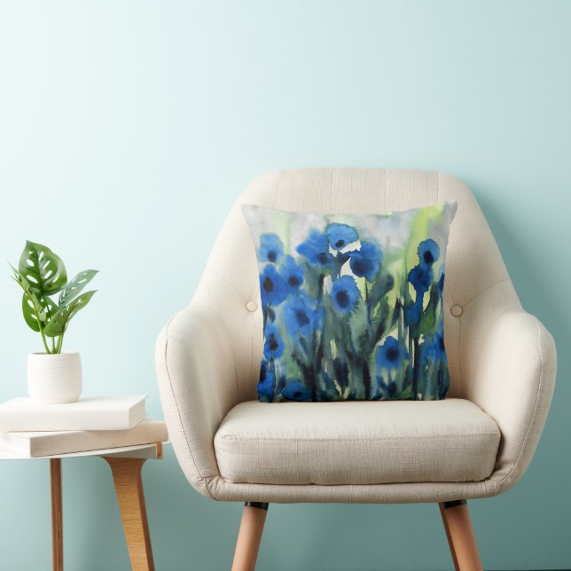Coussin Aquarelle Abstraite 'Blue Field of Flowers' (Chaise)
