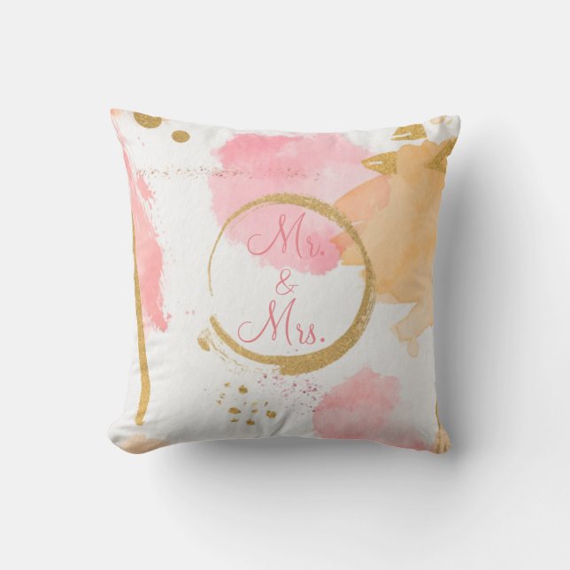 Coussin Aquarelle Abstraite Florale Pêche Dorée Écriture S (Recto)