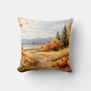 Coussin Aquarelle Automne Citrouille de route en chute Feu