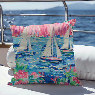 Coussin Aquarelle Bateaux à voile Rose Floral Preppy Côte