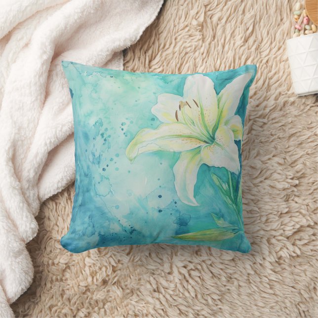 Coussin Aquarelle bleu Aqua Lily blanche Floral (Couverture)