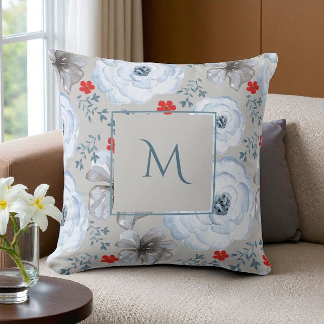 Coussin Aquarelle bleu argenté Script de floraison (Créateur téléchargé)