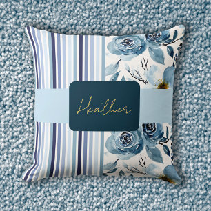 Coussin Aquarelle bleu classique Floral rayé Personnaliser