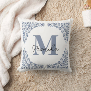 Coussin Aquarelle Bleu Feuille bundle Lettre M Monogramme