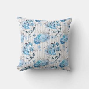 Coussin Aquarelle bleu floral avec rayures gris pâle