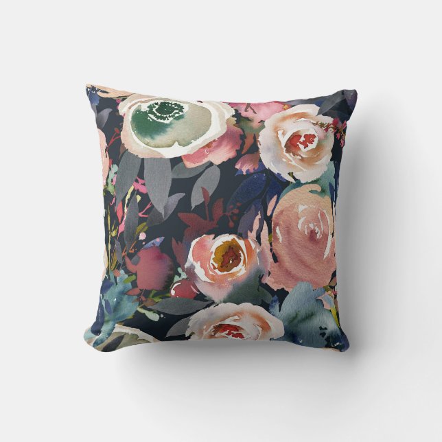 Coussin Aquarelle bleu foncé et rose pâle Chic floral (Recto)