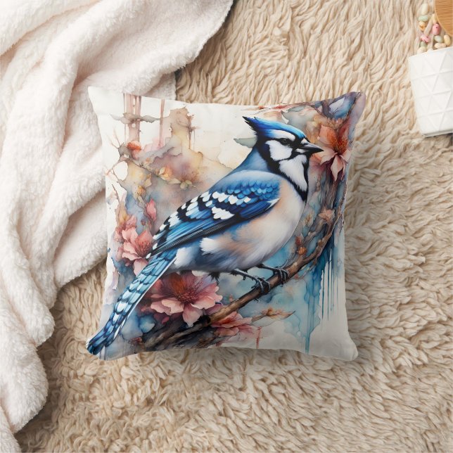 Coussin Aquarelle bleu Jay Cherry Blossoms (Couverture)