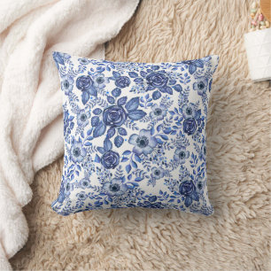 Coussin Aquarelle bleu motif floral