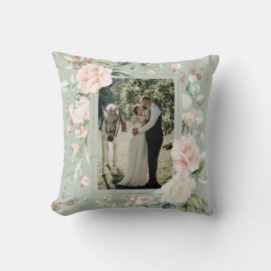 Coussin Aquarelle bleu Sage Green Photo Mariage Floral
