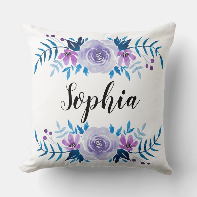 Coussin Aquarelle bleu violet couronne florale Texte perso (Recto)
