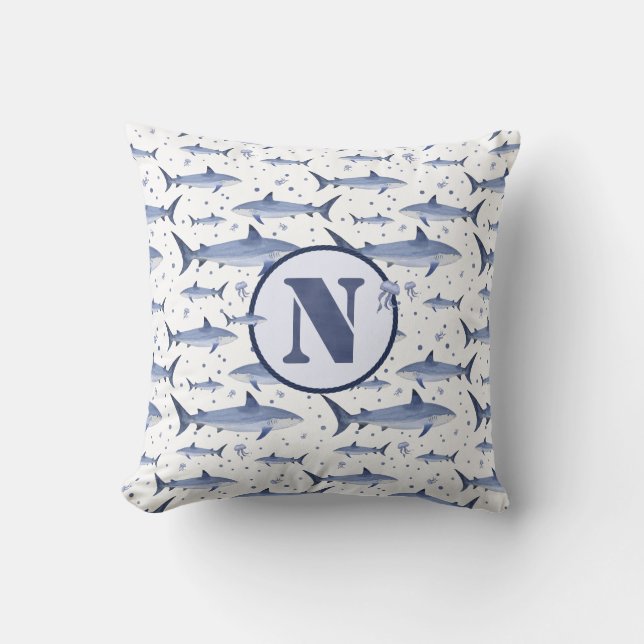 Coussin Aquarelle bleue Monogramme Motif de méduse de requ (Recto)