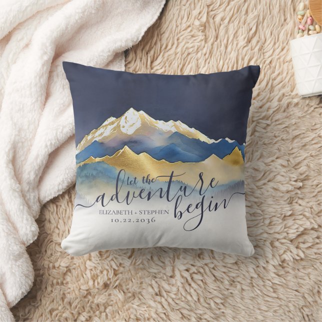 Coussin Aquarelle Blue Gold Foil Mountain Mariage extérieu (Couverture)