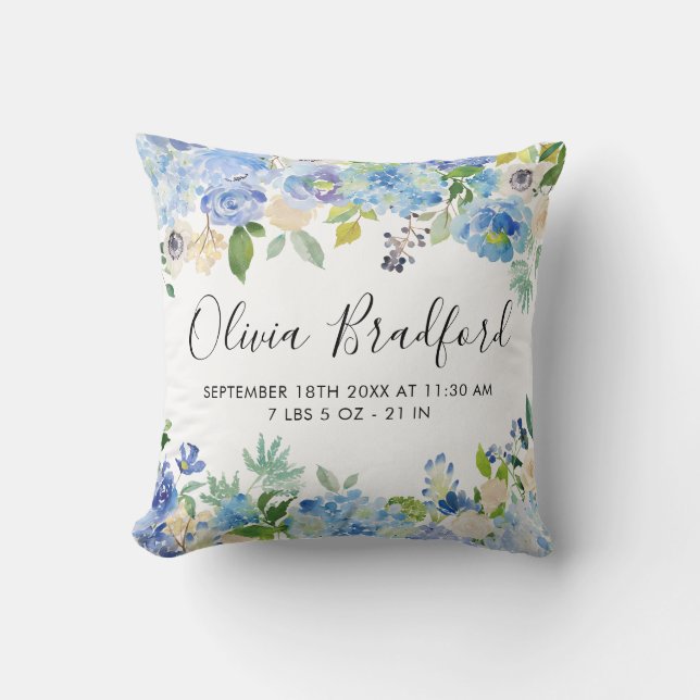 Coussin Aquarelle Blue Hydrangeas Baby Stat Nursery (Recto)