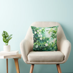 Coussin Aquarelle botanique Fleurs blanches Feuilles verte