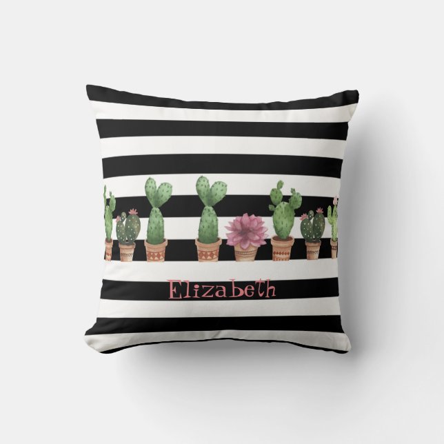 Coussin Aquarelle Cactus, Blancs noirs Personnalisé (Recto)
