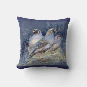 Coussin Aquarelle California Quail Bird in Blues