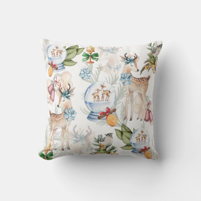 Coussin Aquarelle Cerf de Noël et Oiseau d'hiver (Recto)