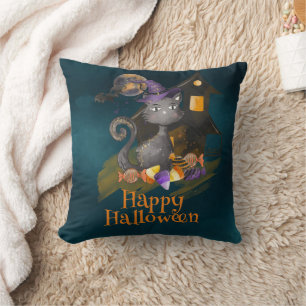 Coussin Aquarelle Chat noir avec bonbons, Halloween
