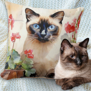 Coussin Aquarelle Chat siamois avec fleurs de géranium rou