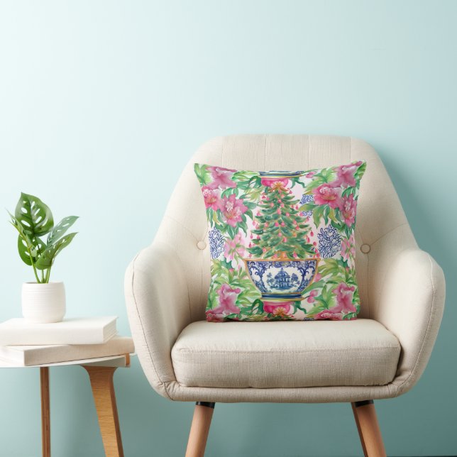 Coussin Aquarelle Chinoiserie Arbre de Noël (Chaise)
