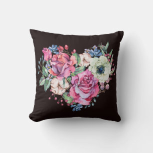 Coussin Aquarelle coeur floral : roses vintages.
