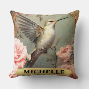 Coussin Aquarelle Colibri Blanc Vintage et Roses Roses