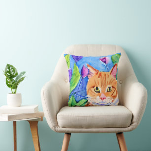 Coussin Aquarelle colorée Art   Chat orange et fleurs
