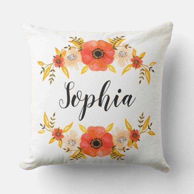 Coussin Aquarelle Coral Floral Wreath Nom personnalisé (Recto)