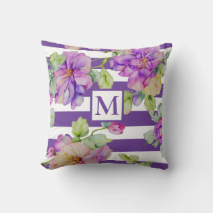 Coussin Aquarelle couleur violet fleurie bande blanche pou