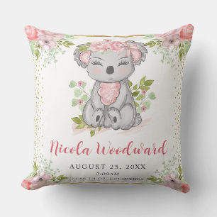 Coussin Aquarelle Cute Floral Koala Baby Stats de naissanc