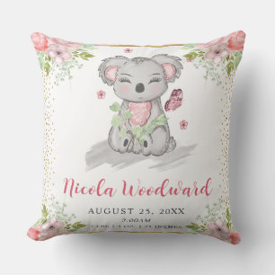 Coussin Aquarelle Cute Floral Koala Baby Stats de naissanc