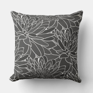 Coussin Aquarelle Dahlias gris noir blanc