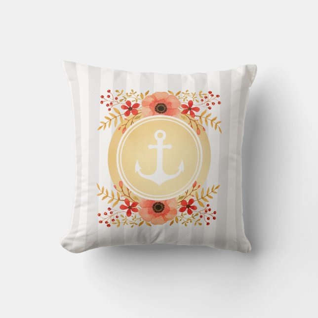Coussin Aquarelle d'Ancre marine or à rayures florales (Recto)
