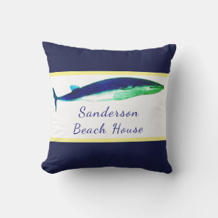 Coussin Aquarelle de baleine marine bleu côtier jaune