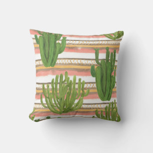 Coussin Aquarelle de cactus, arrière - plan rayé, couche t