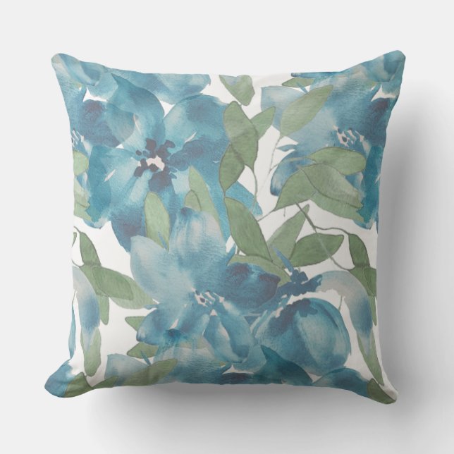 Coussin Aquarelle de fusion florale bleu peinte à la main (Recto)